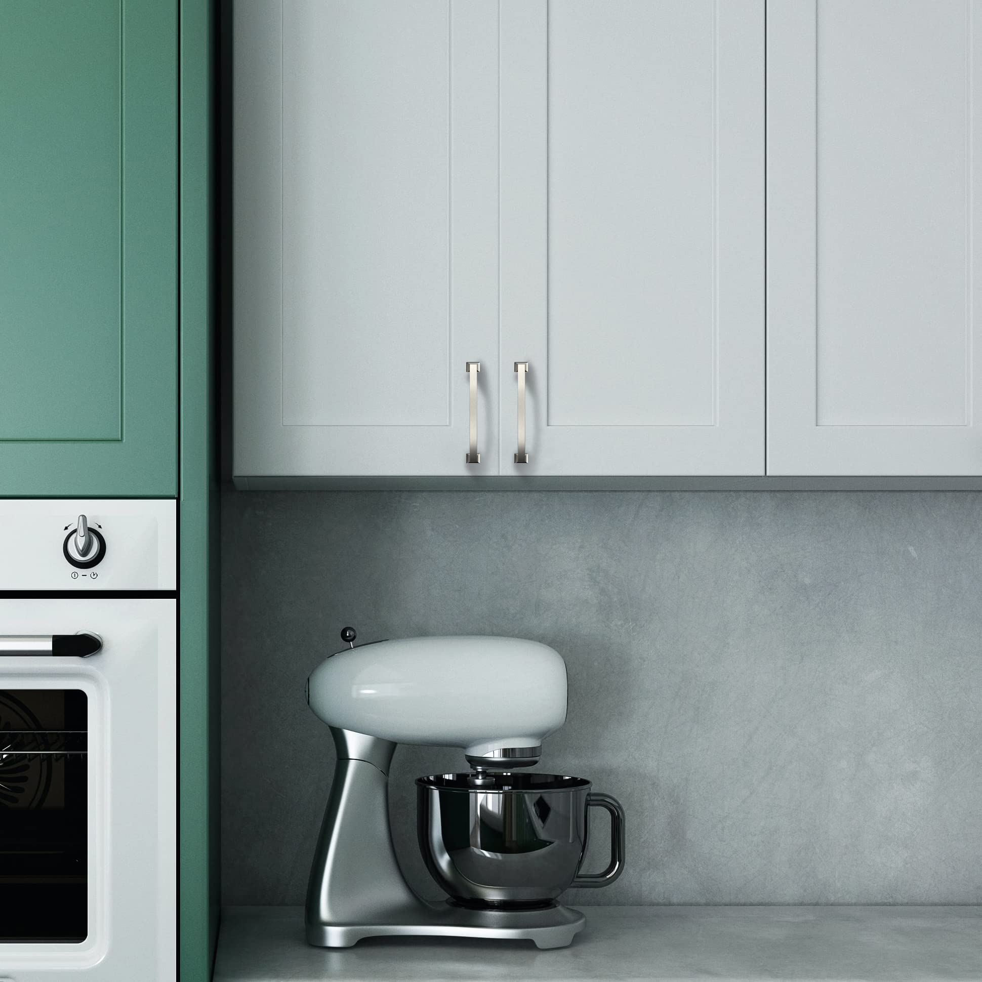 Asidrama brushed satin nickel cabinet pull finish blends with décor.