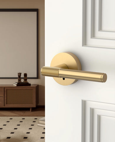 Asidrama champagne bronze door lever with lock for secure bathroom entry.