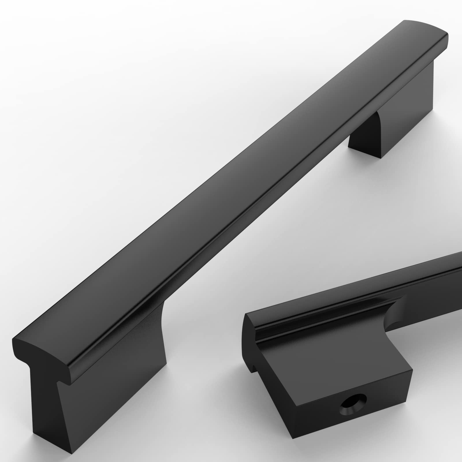Asidrama five-inch matte black cabinet pulls on a kitchen cabinet for a sleek upgrade.