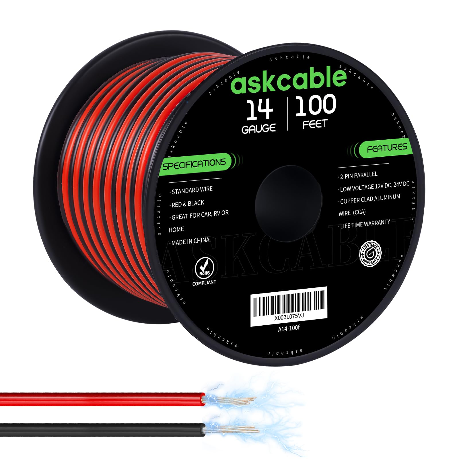 Askcable 14AWG wire spool with red and black conductors, for easy polarity identification and dispensing.