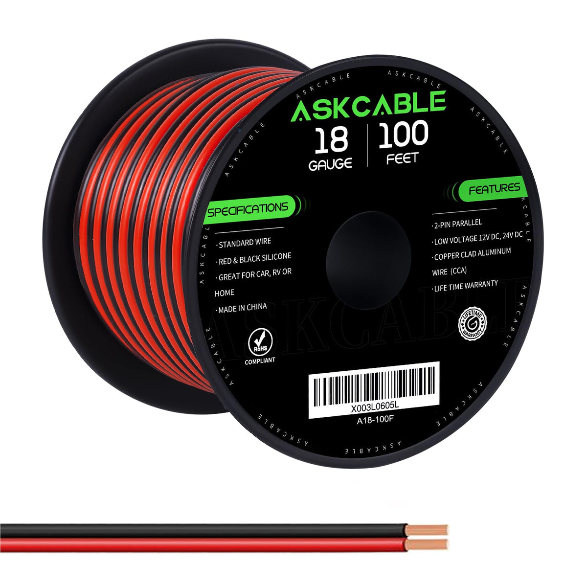 Askcable 18 AWG wire spool in red and black for clear polarity identification.