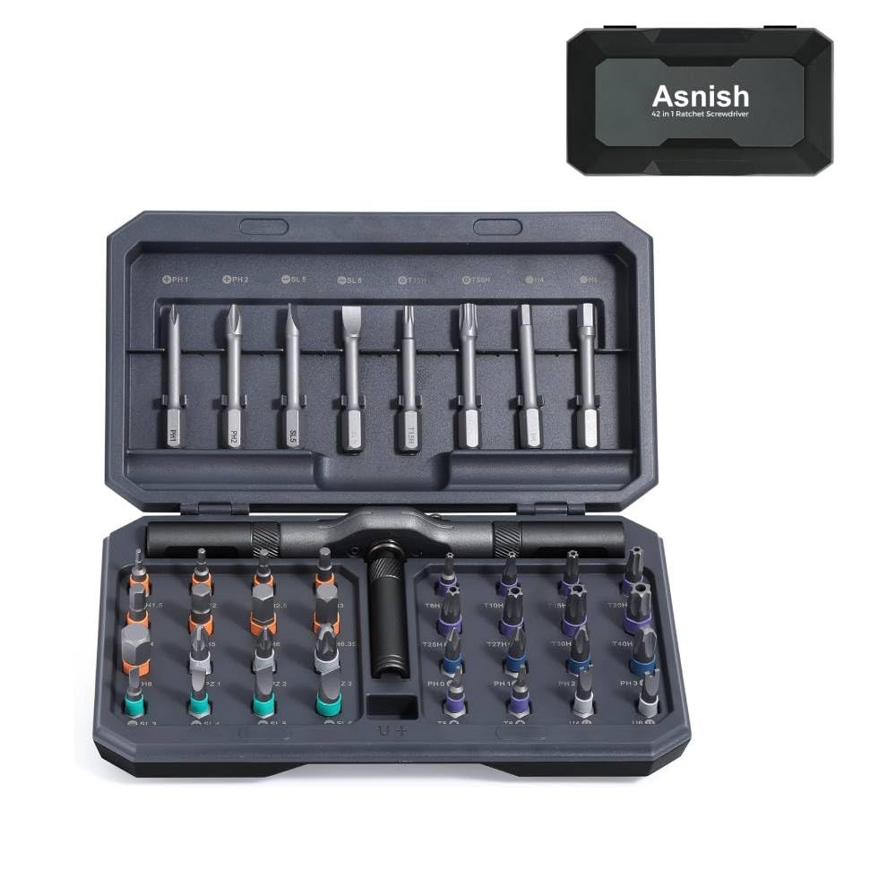 Asnish 42-in-1 screwdriver set with detachable ratchet enables precise tightening.