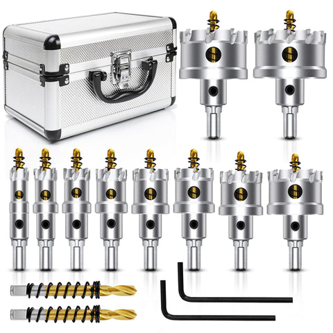 ASNOMY 12pcs TCT hole saw kit laid out for precise metal cutting