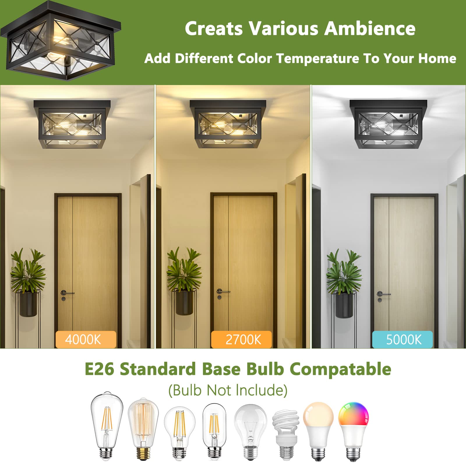 Asnxcju 2-light flush mount showcases metal cage square design for cozy rooms.