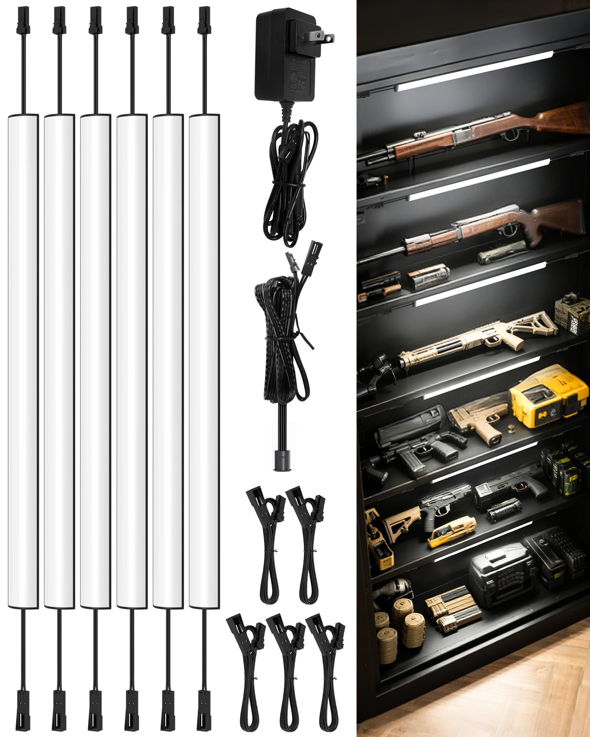 ASOKO gun safe lighting kit with six 12 inch bars illuminates deep shelves.