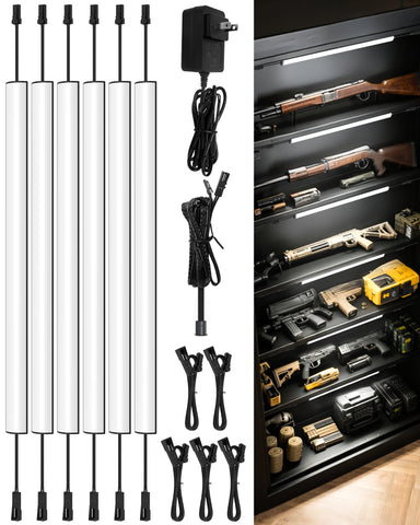 ASOKO gun safe lighting kit with six 12 inch bars illuminates deep shelves.