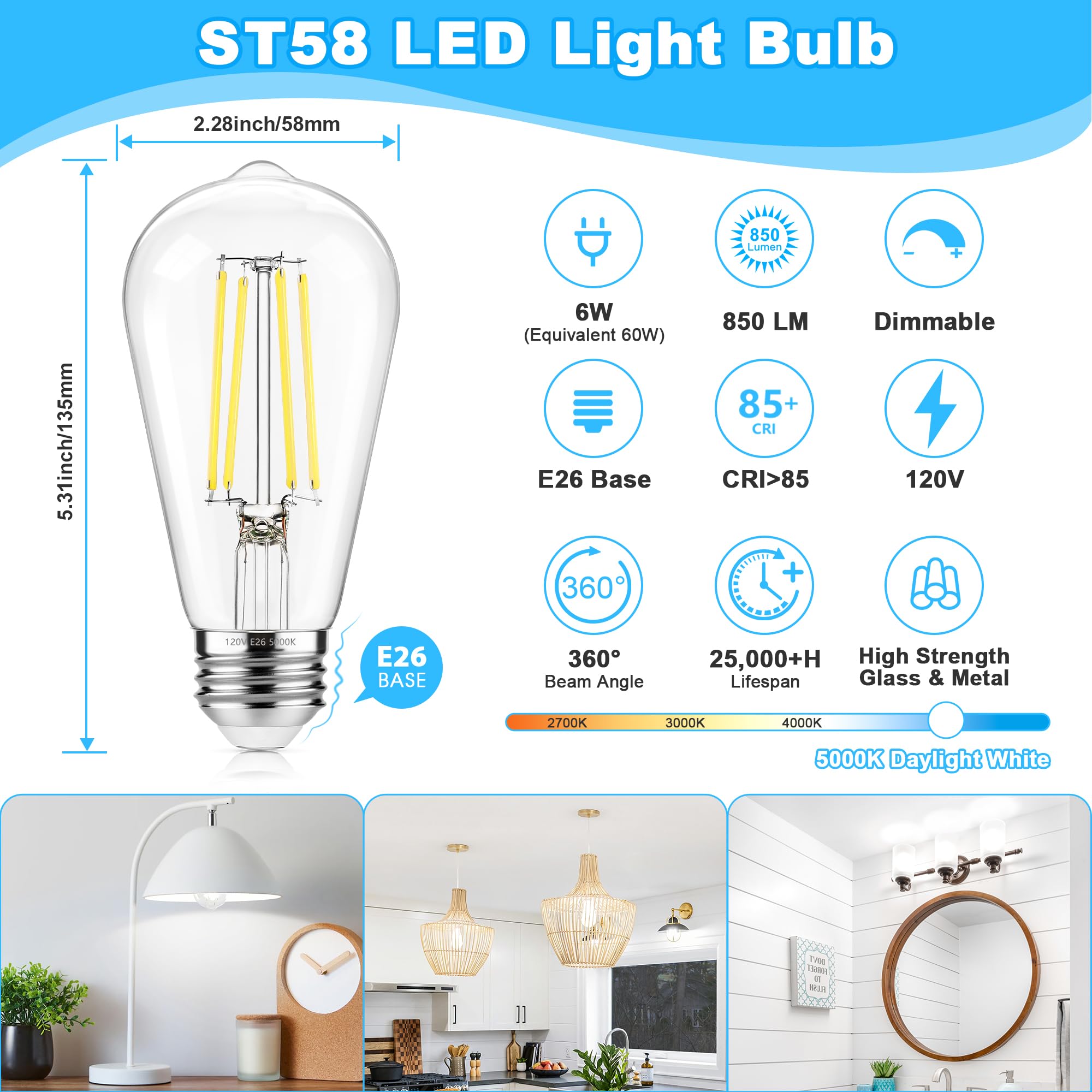 ASOMST 5000K daylight LED Edison bulb brightens kitchens and workspaces