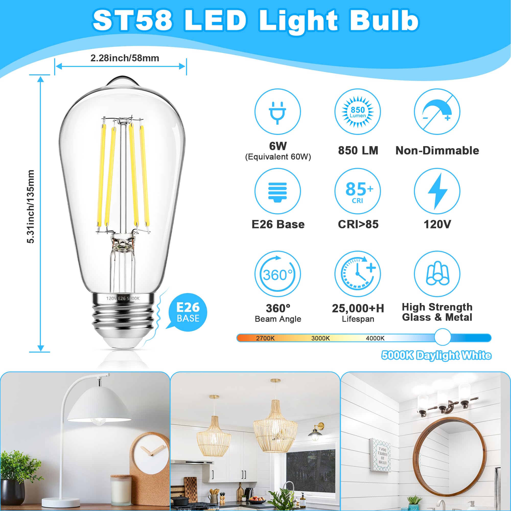 ASOMST ST58 filament bulb provides 360-degree daylight illumination for task areas