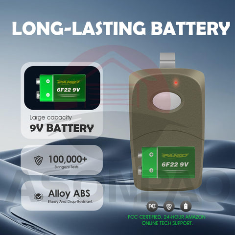 ASONPAO 3089 Multicode remote shows high-capacity 9V battery for longer life