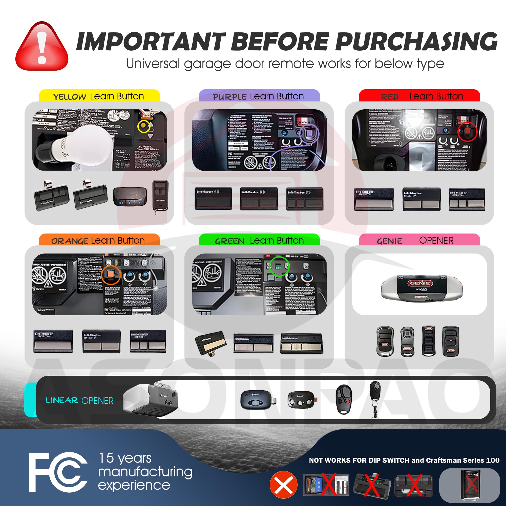 ASONPAO remote back view showing easy setup with multiple opener brands.