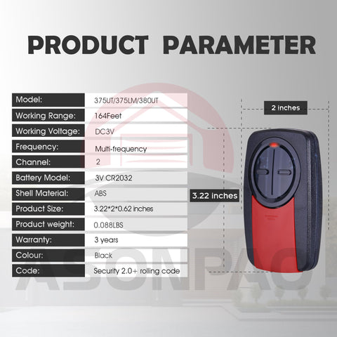 ASONPAO LiftMaster 375UT remote learn button colors: yellow, purple, red/orange, green