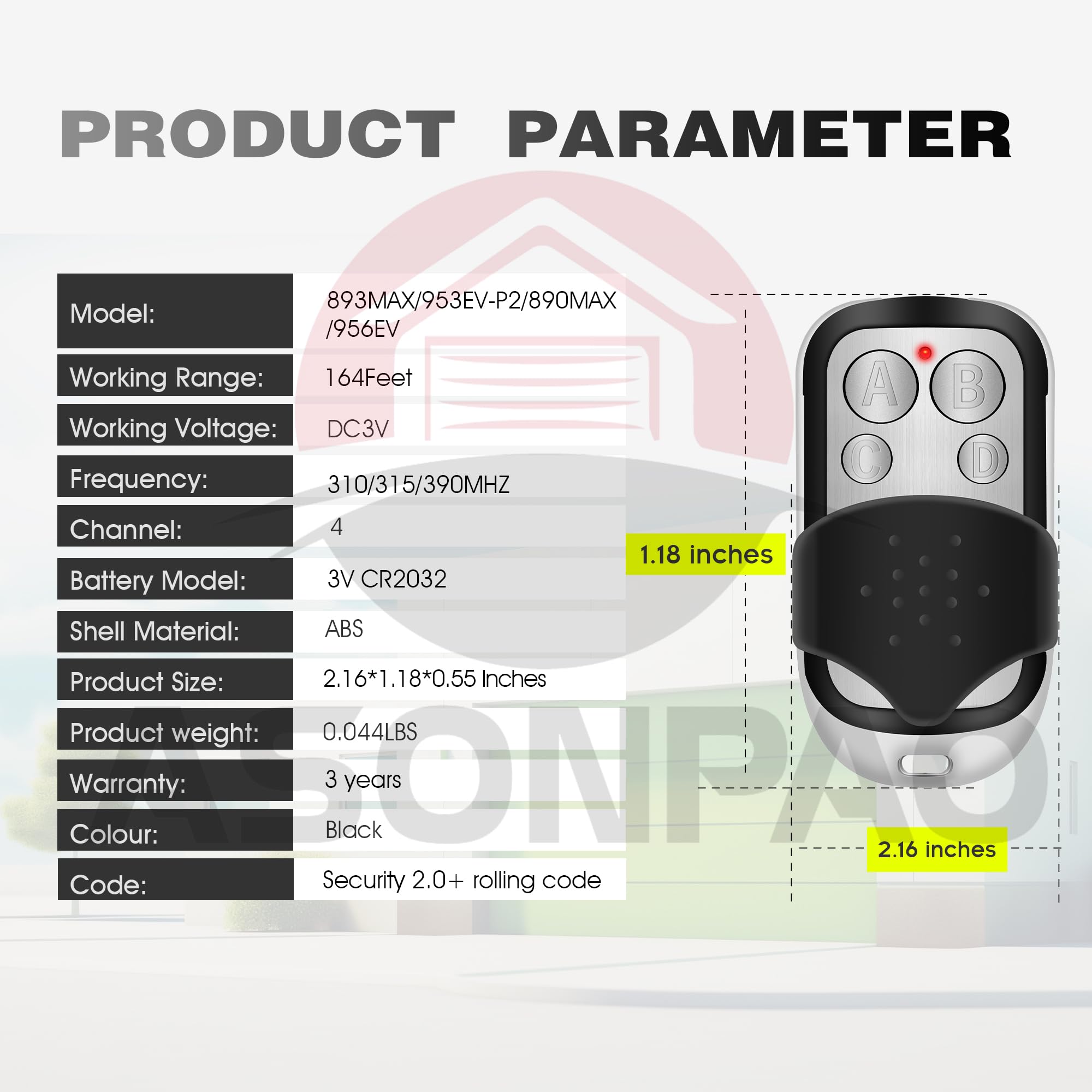 ASONPAO LiftMaster remote compact housing fits car visor storage.