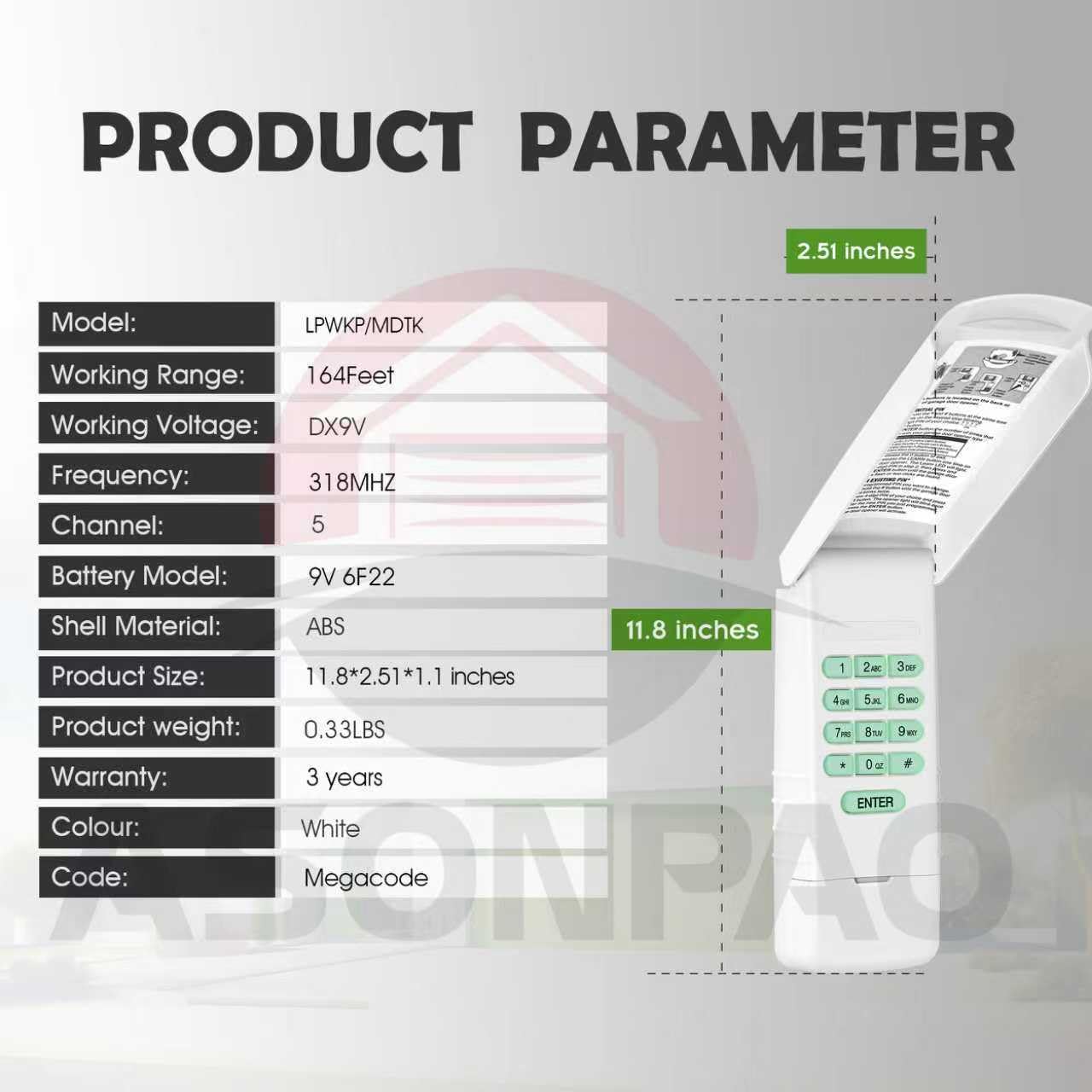 ASONPAO Megacode Keypad installation setup guide graphic.