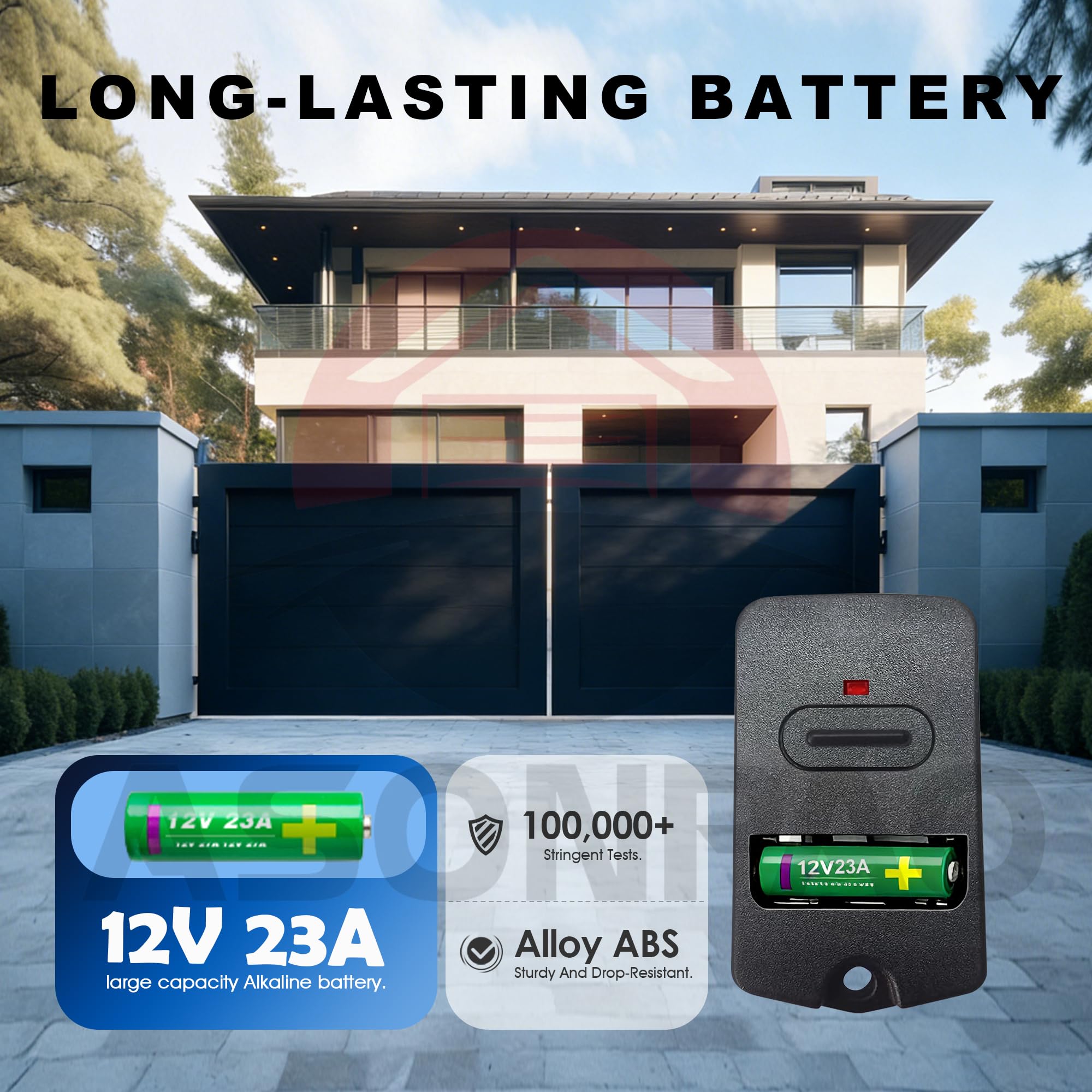 ASONPAO Mighty Mule remote uses a long-lasting 12V 23A battery for extended life.
