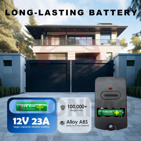 ASONPAO Mighty Mule remote uses a long-lasting 12V 23A battery for extended life.
