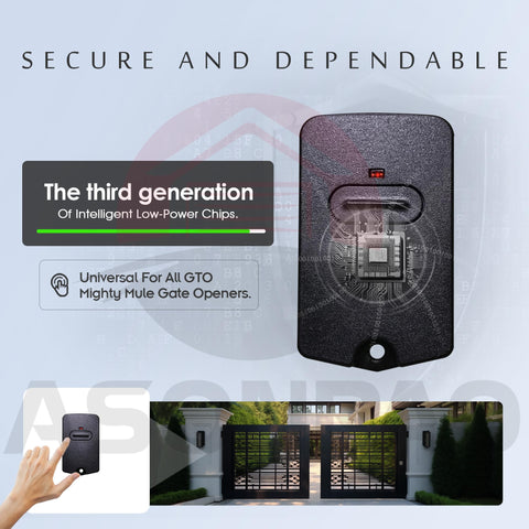 ASONPAO Mighty Mule remote showing 318MHz fixed code for secure access.