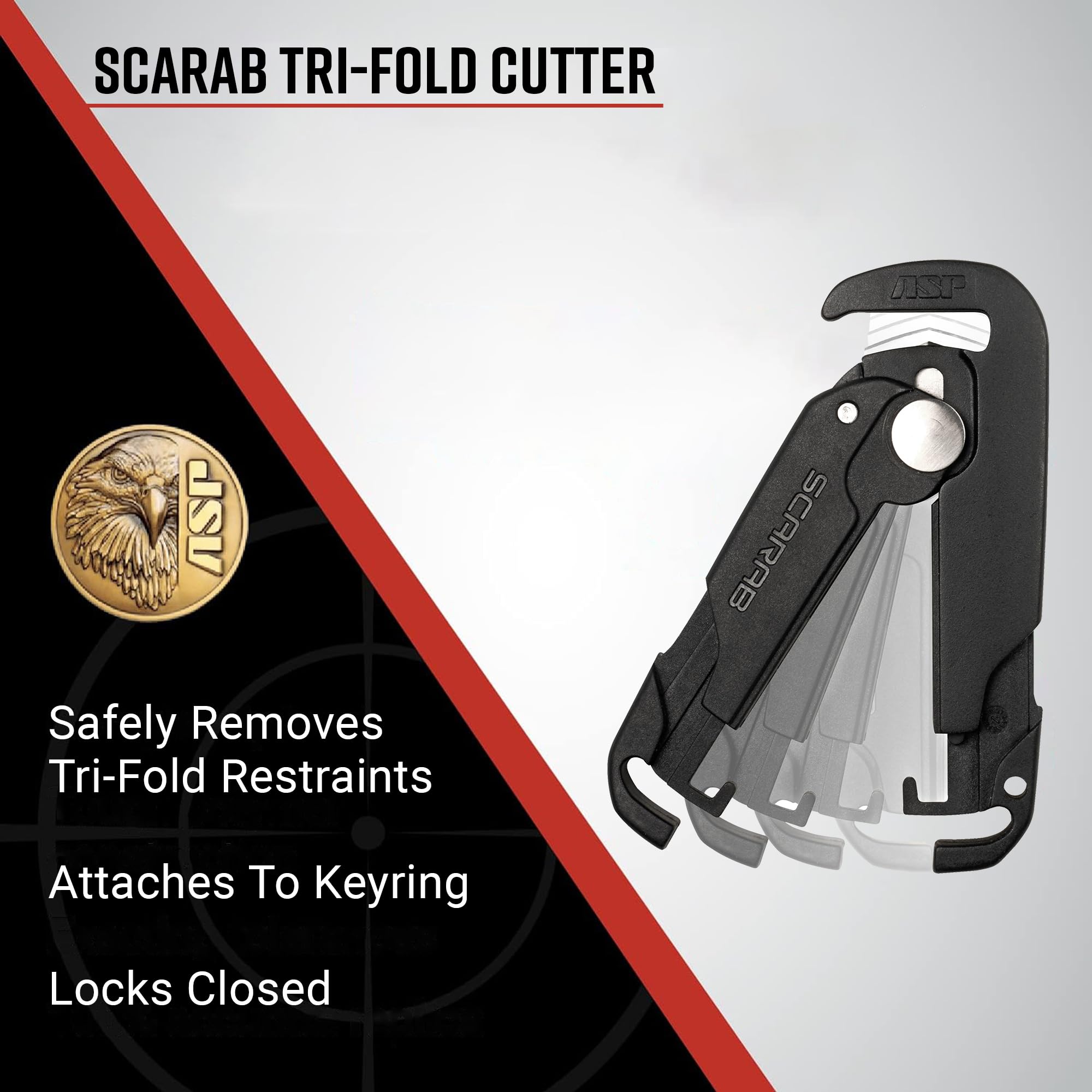 ASP Scarab Cutter with safety guard; reduces injury risk during restraint removal.