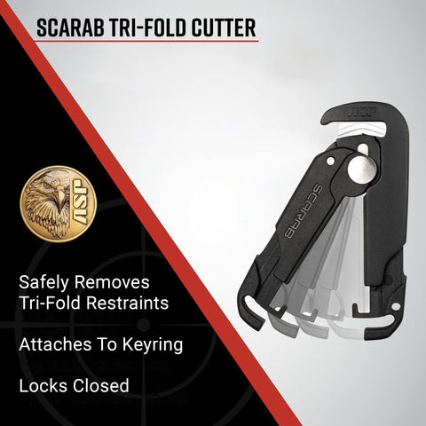 ASP Scarab Cutter with safety guard; reduces injury risk during restraint removal.