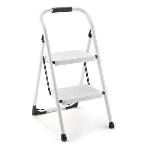 ASPERLAD 2-step folding step stool in white with anti-slip pedals for safe kitchen reach.