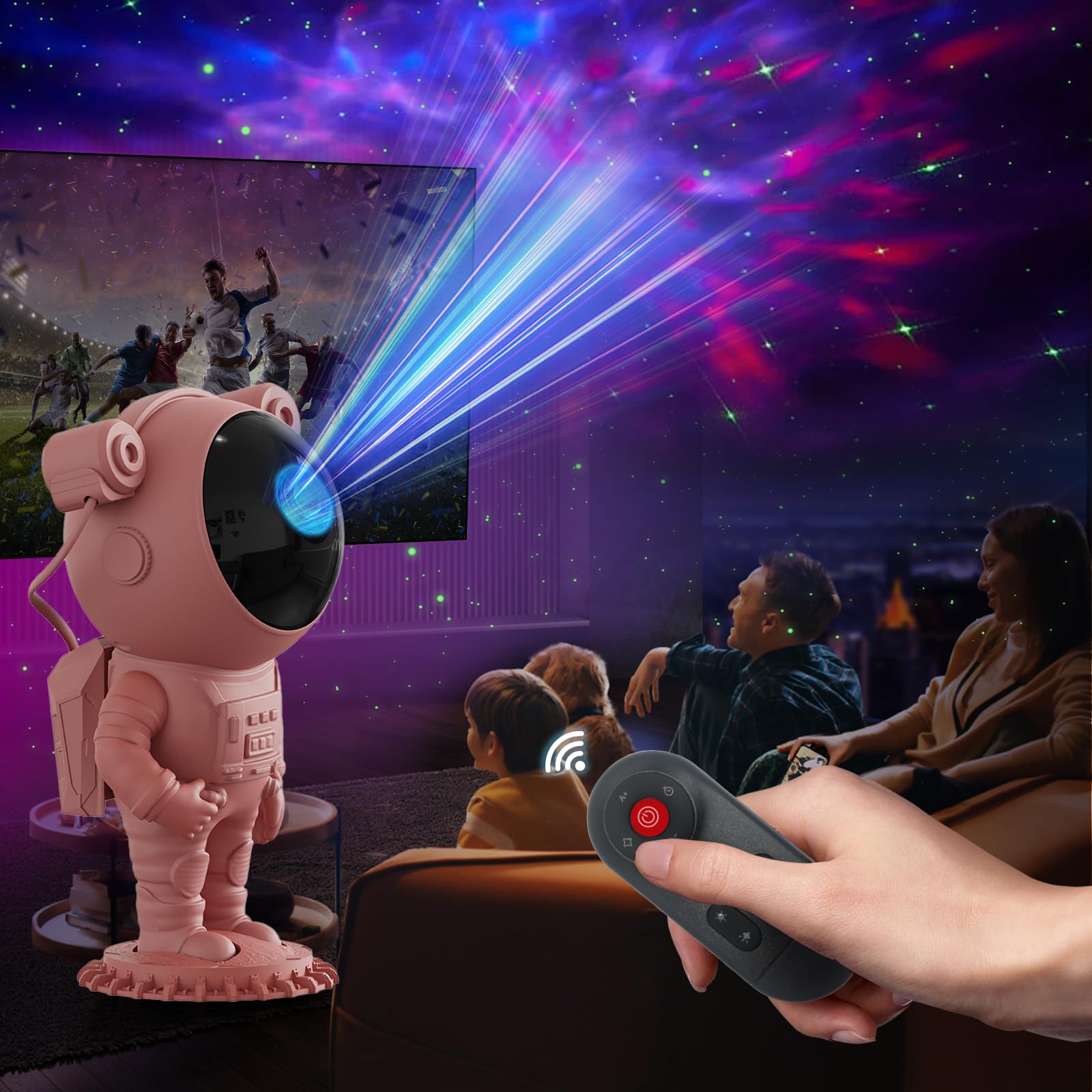 Aspiremit Astronaut Galaxy Projector casting nebulae on ceiling for dreamy bedroom ambiance.