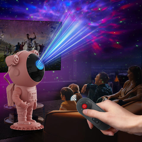 Aspiremit Astronaut Galaxy Projector casting nebulae on ceiling for dreamy bedroom ambiance.