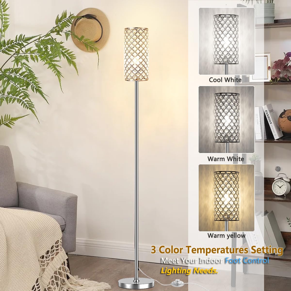 Assemer Crystal Floor Lamp shows 3 CCT LEDs for flexible ambience.
