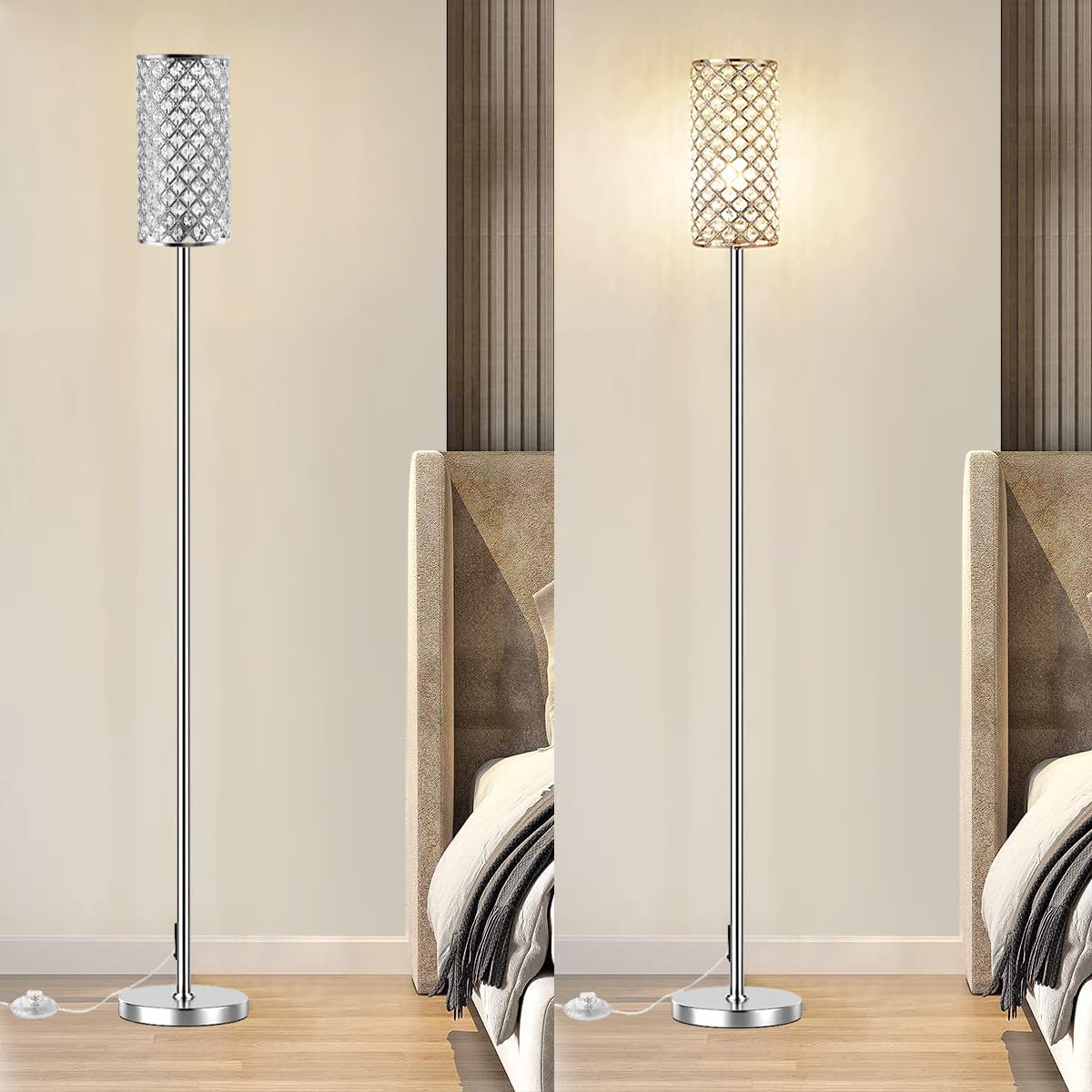 Assemer Crystal Floor Lamp uses an on/off foot switch for easy control.