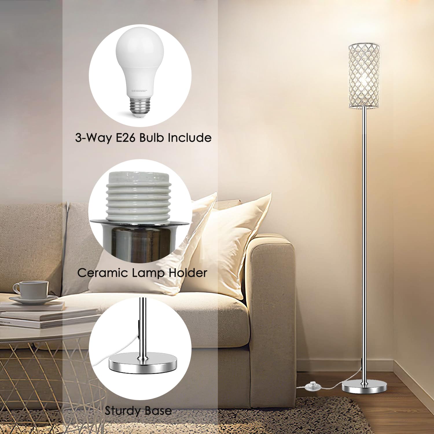 Assemer Crystal Floor Lamp includes a free 9W bulb for immediate sparkle.