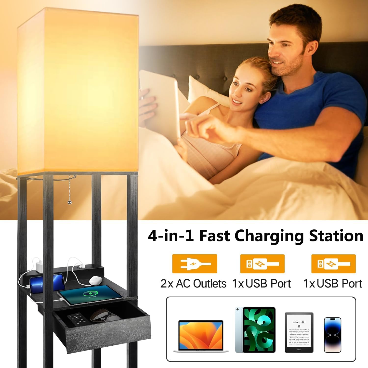 Assemer lamp with USB ports and outlets powers devices while brightening your living room.