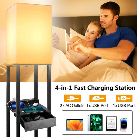 Assemer lamp with USB ports and outlets powers devices while brightening your living room.