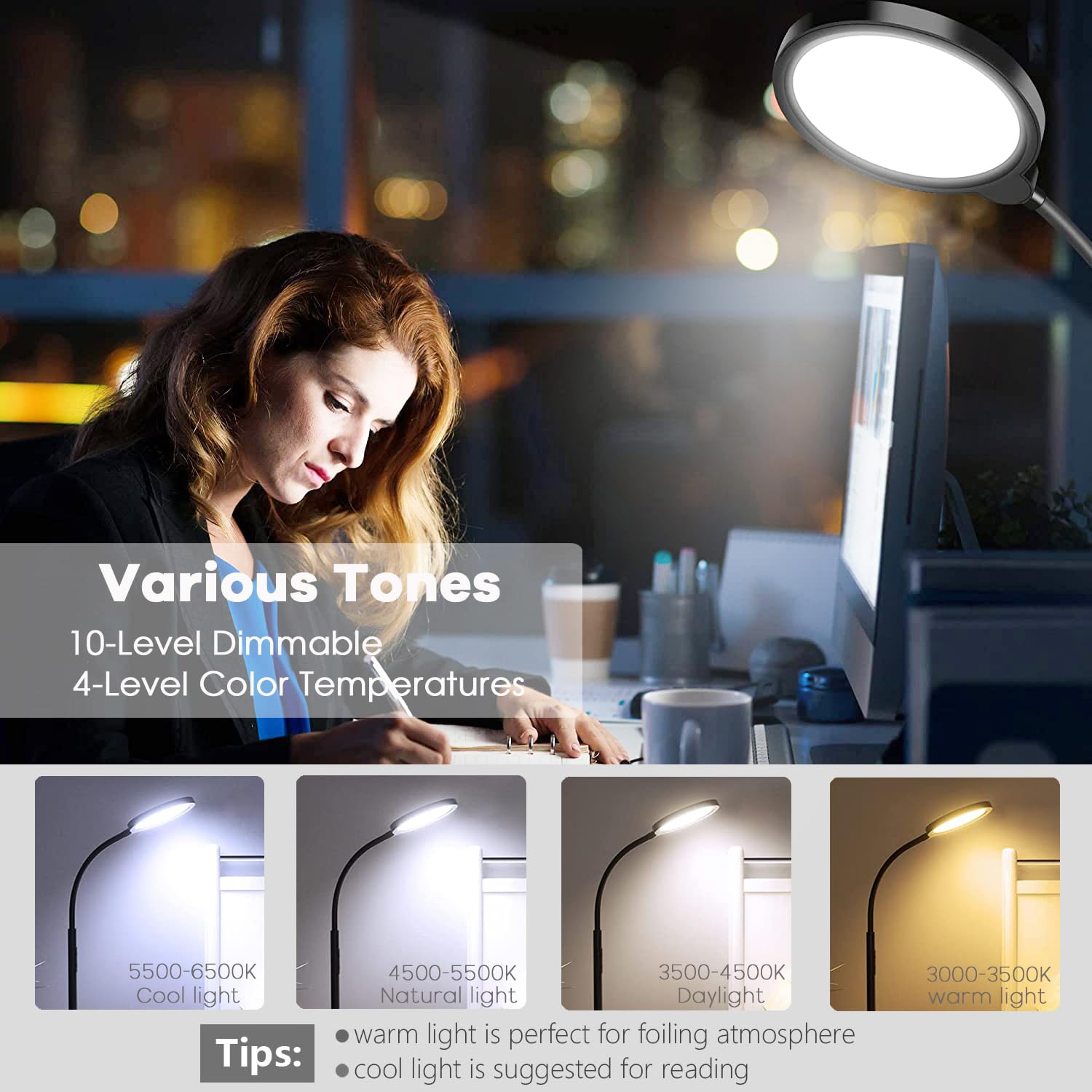 Assemer LED floor lamp display of warm, natural, and cool color temperatures.
