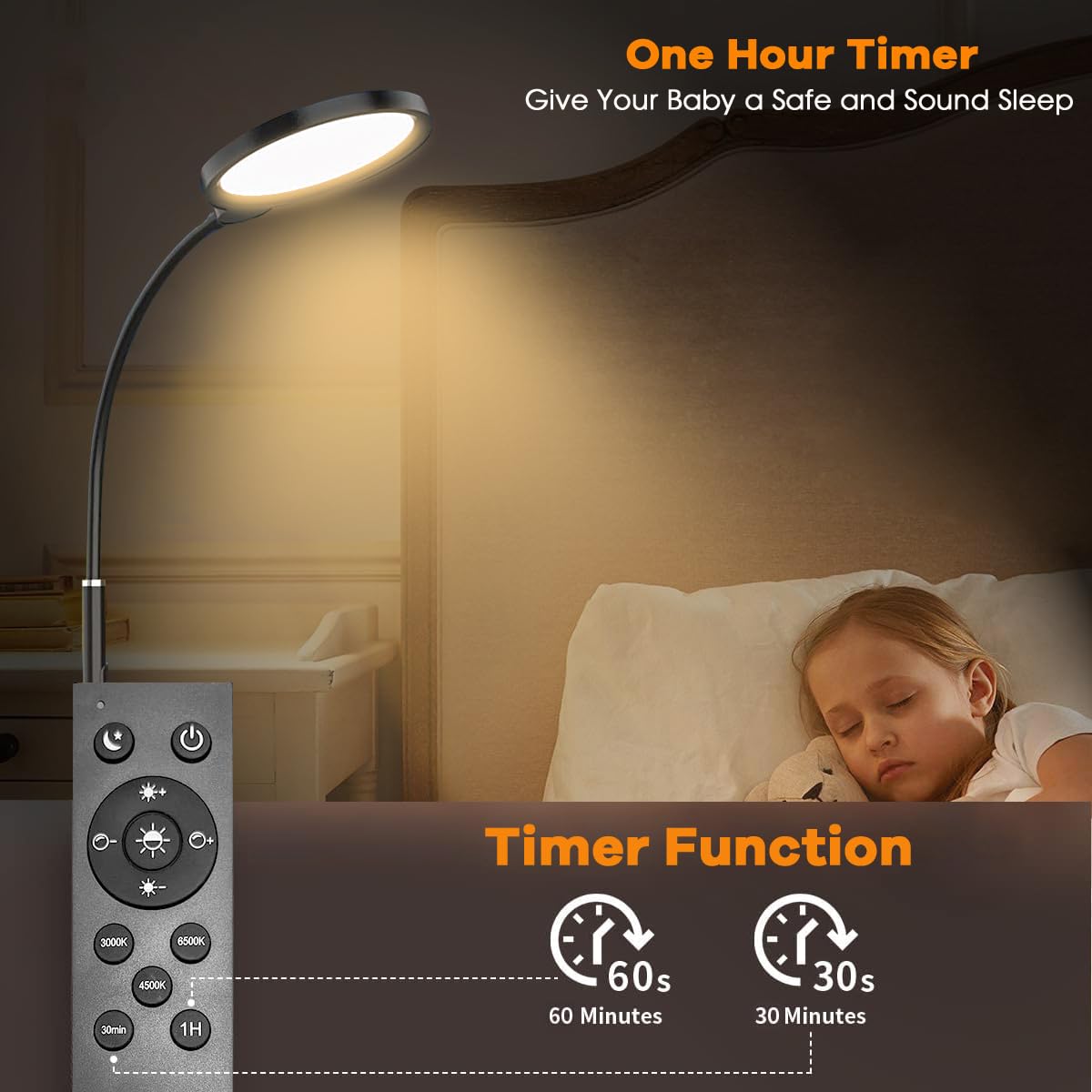 Assemer floor lamp timer feature presets for automatic on/off control.
