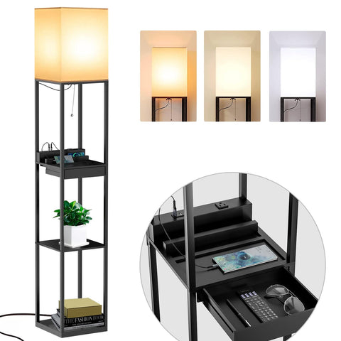 Assemer shelf floor lamp living room black with built-in shelves for display and ambient lighting.