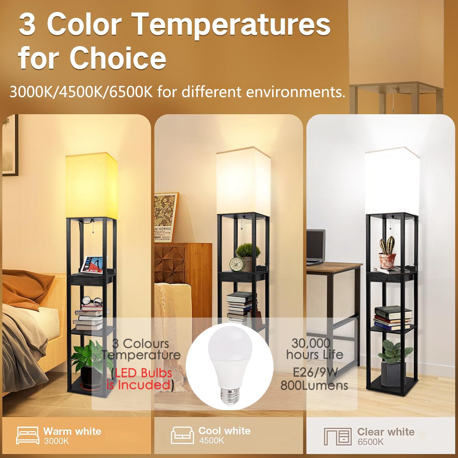 Assemer standing lamp with shelves drawer offers organized storage and convenient charging at home.