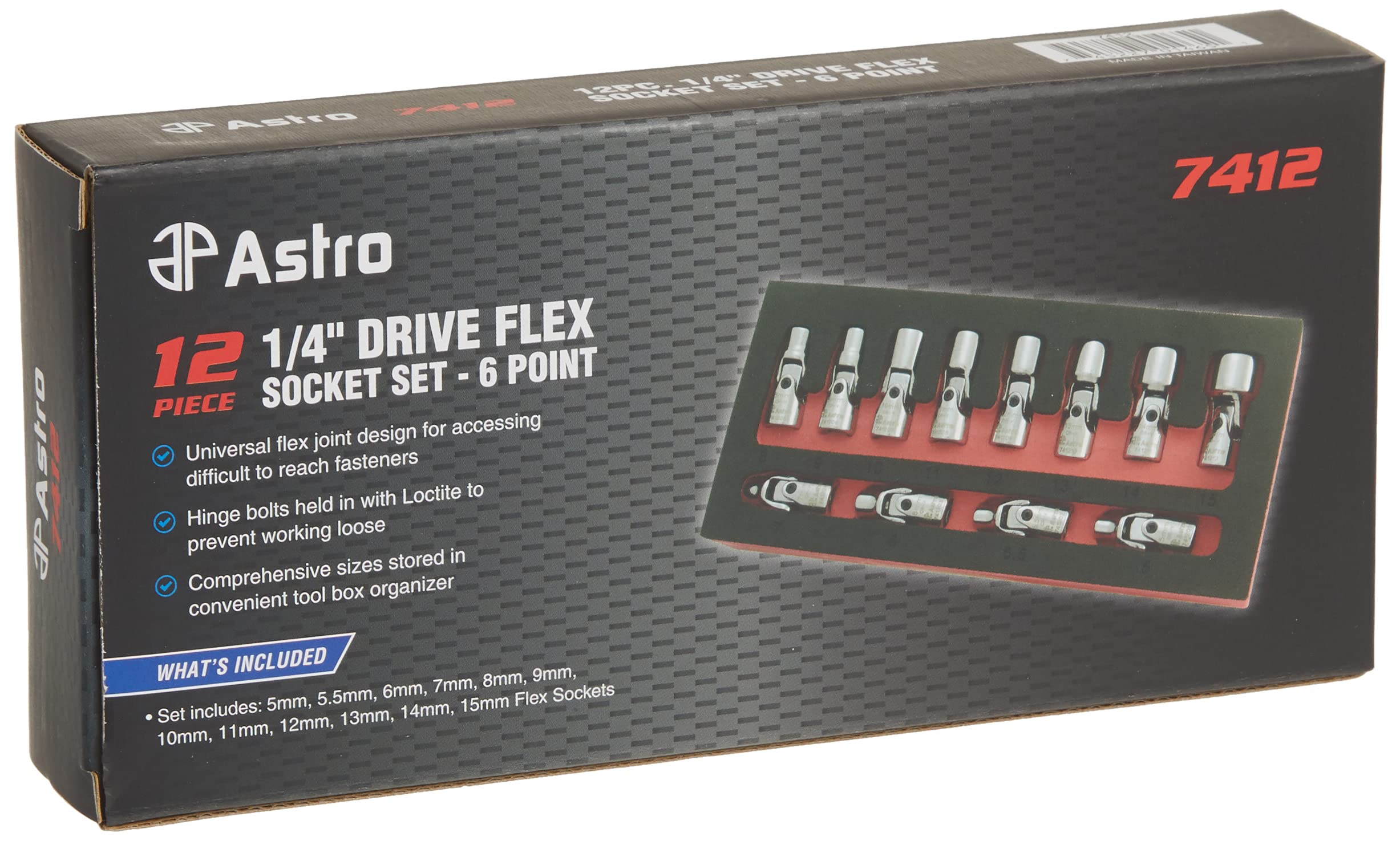 Astro Pneumatic 7412 flex socket 9mm; 6-point grip reduces rounding.