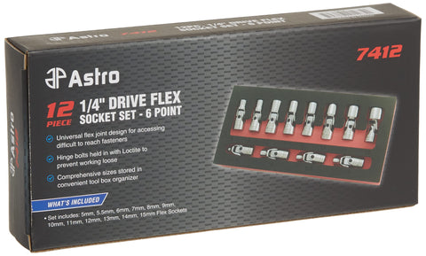 Astro Pneumatic 7412 flex socket 9mm; 6-point grip reduces rounding.