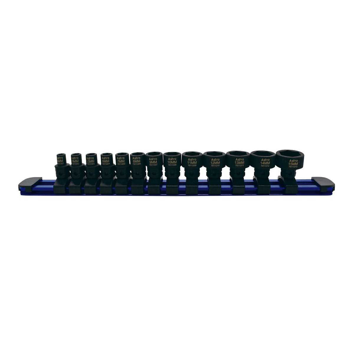 Astro Tools 78113 13-piece nano impact sockets laid out for metric torque in tight spaces.