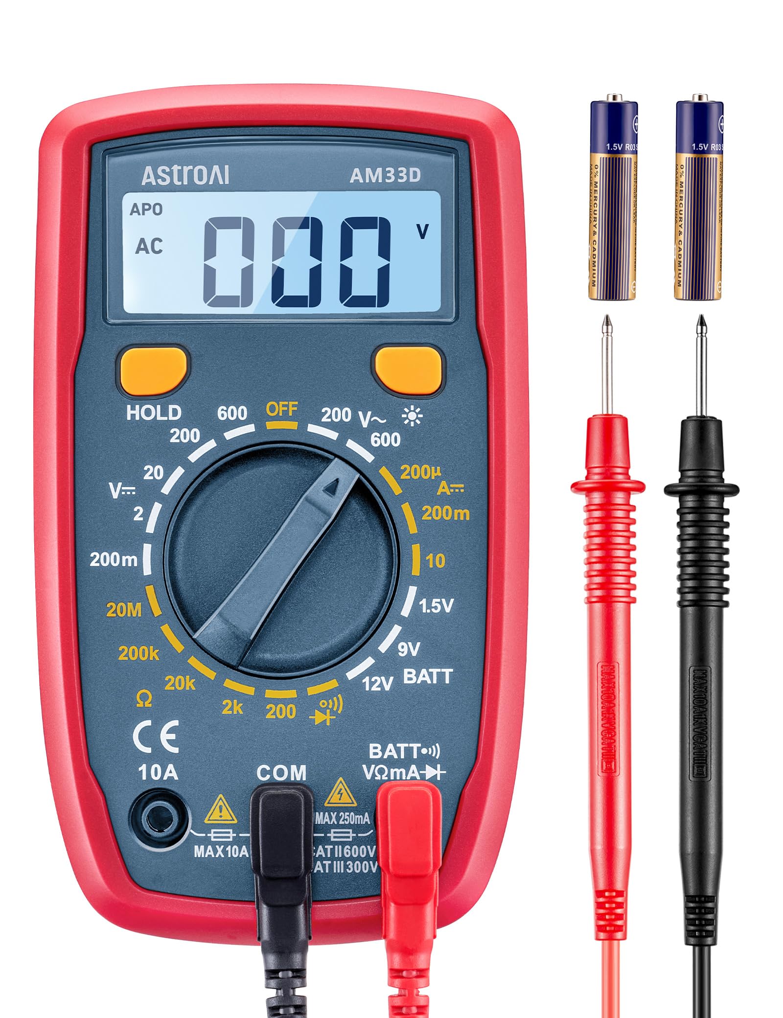 AstroAI digital multimeter with front display for quick voltage readings.
