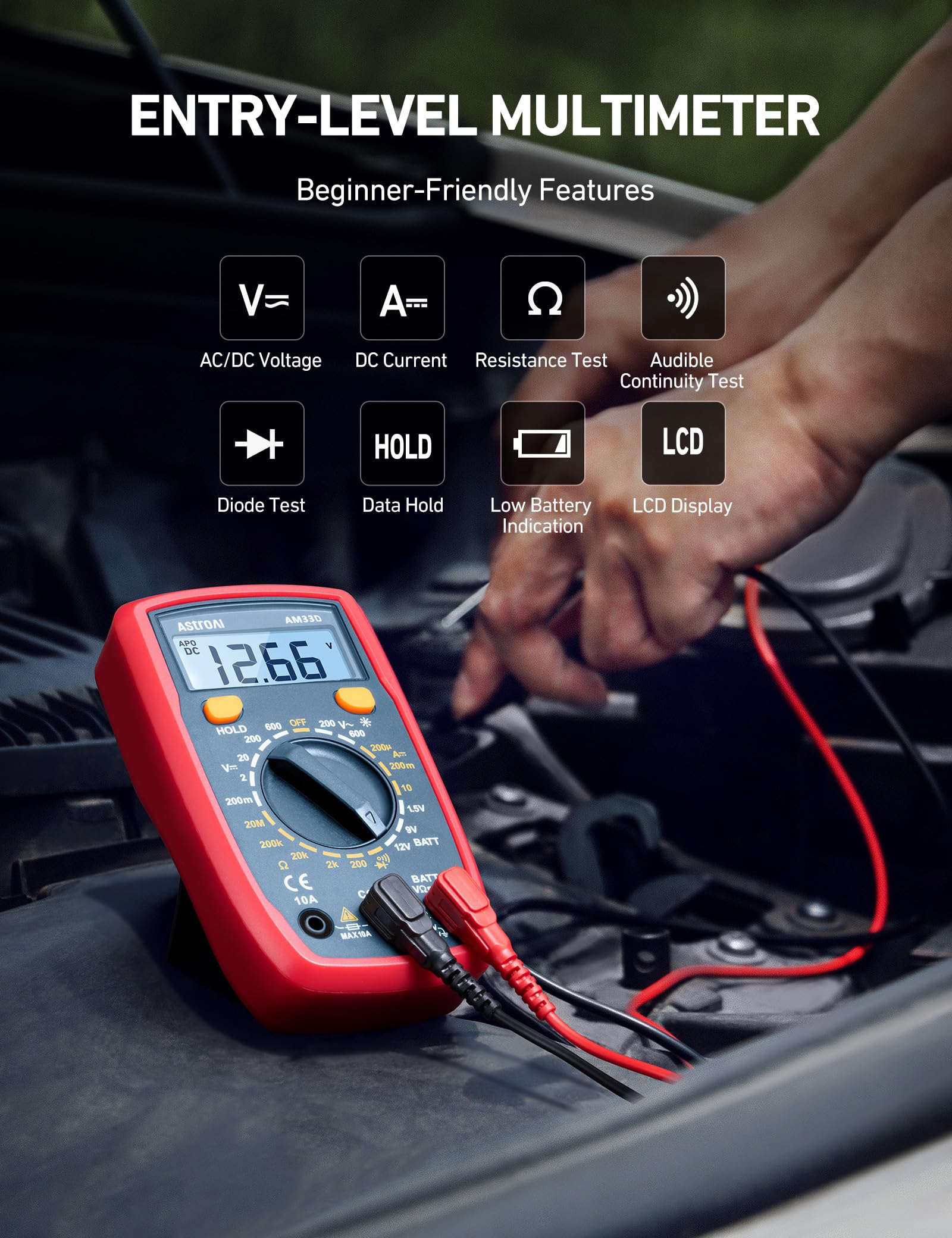 AstroAI digital multimeter backlit LCD display for clear measurements in dim light.