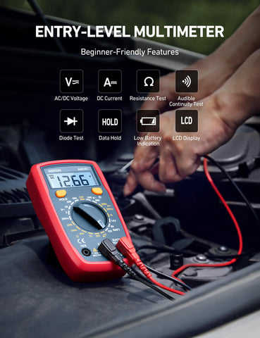 AstroAI digital multimeter backlit LCD display for clear measurements in dim light.
