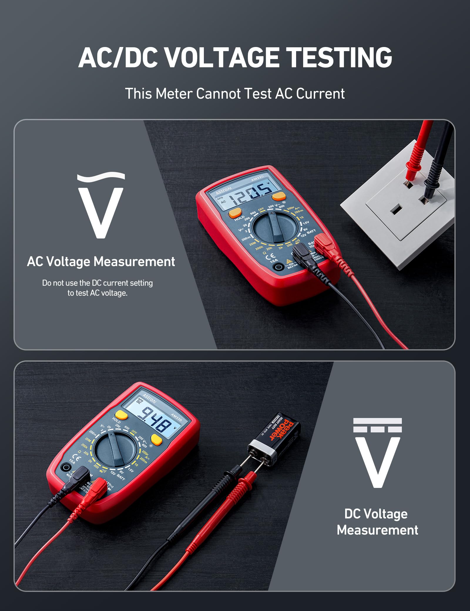 AstroAI digital multimeter measures DC and AC voltage for home and automotive projects.
