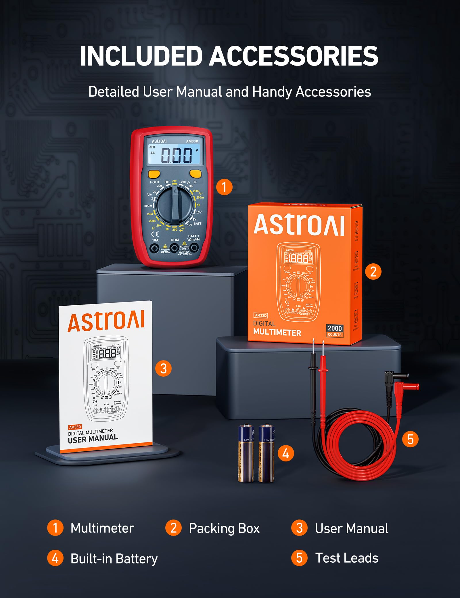 AstroAI multimeter kit includes batteries, leads, and manual for immediate use.