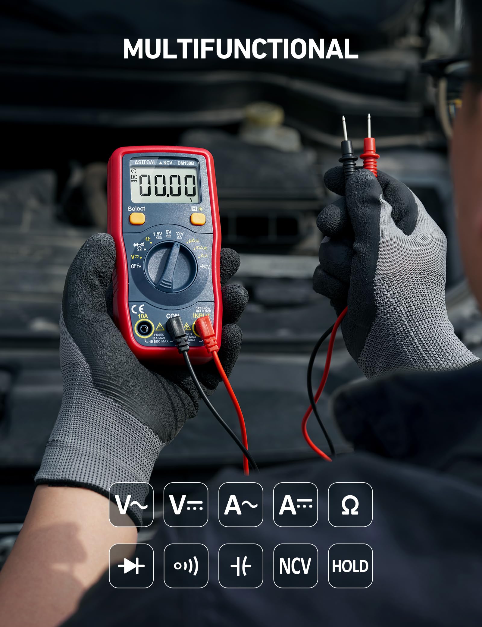 AstroAI DMM NCV safety feature helps detect live voltage without contact.