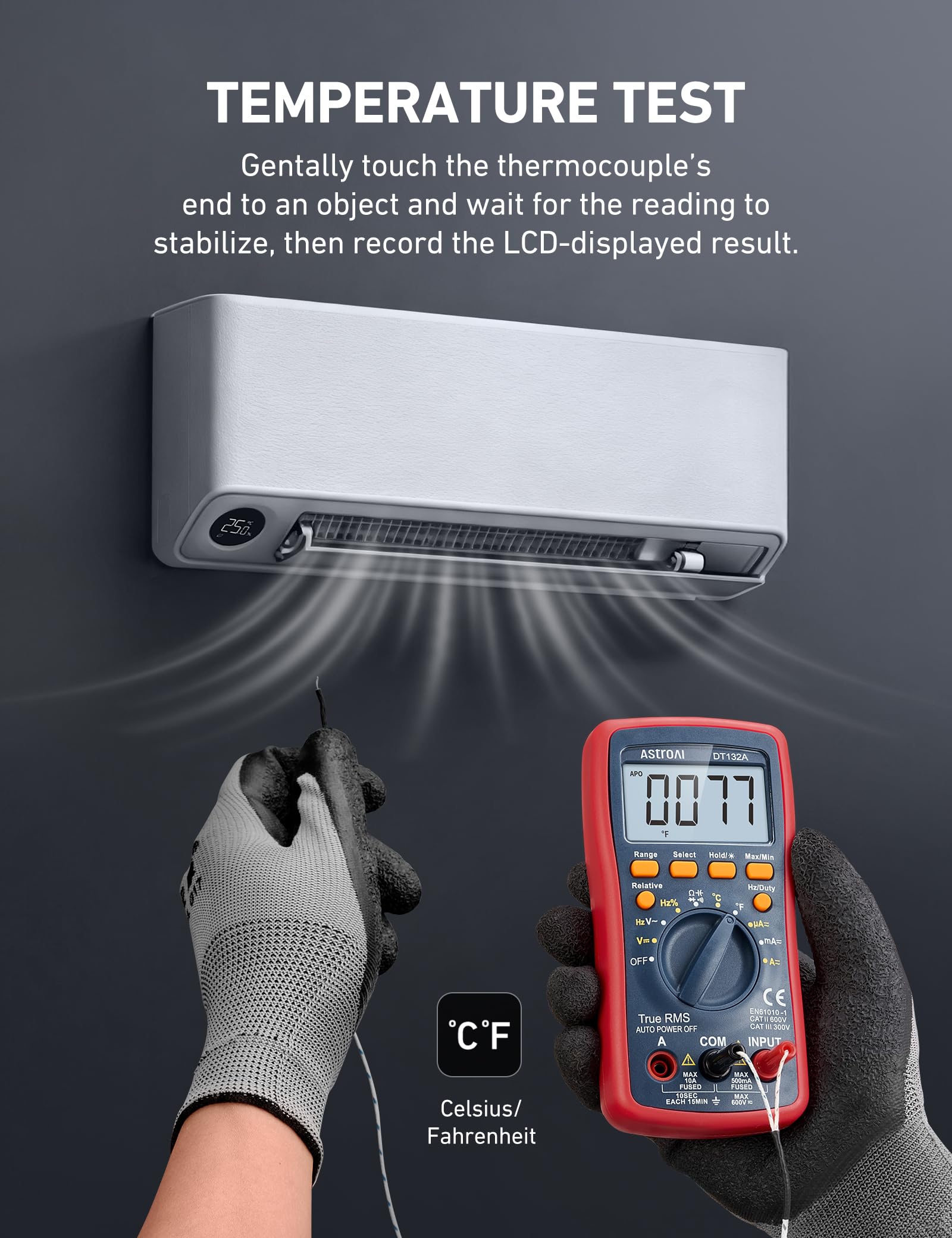 Measuring range on AstroAI DM4000 captures voltage, current, resistance, and more.
