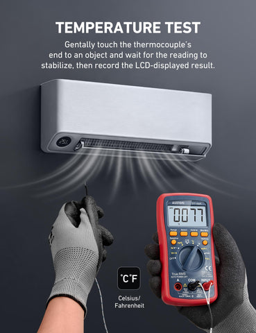 Measuring range on AstroAI DM4000 captures voltage, current, resistance, and more.