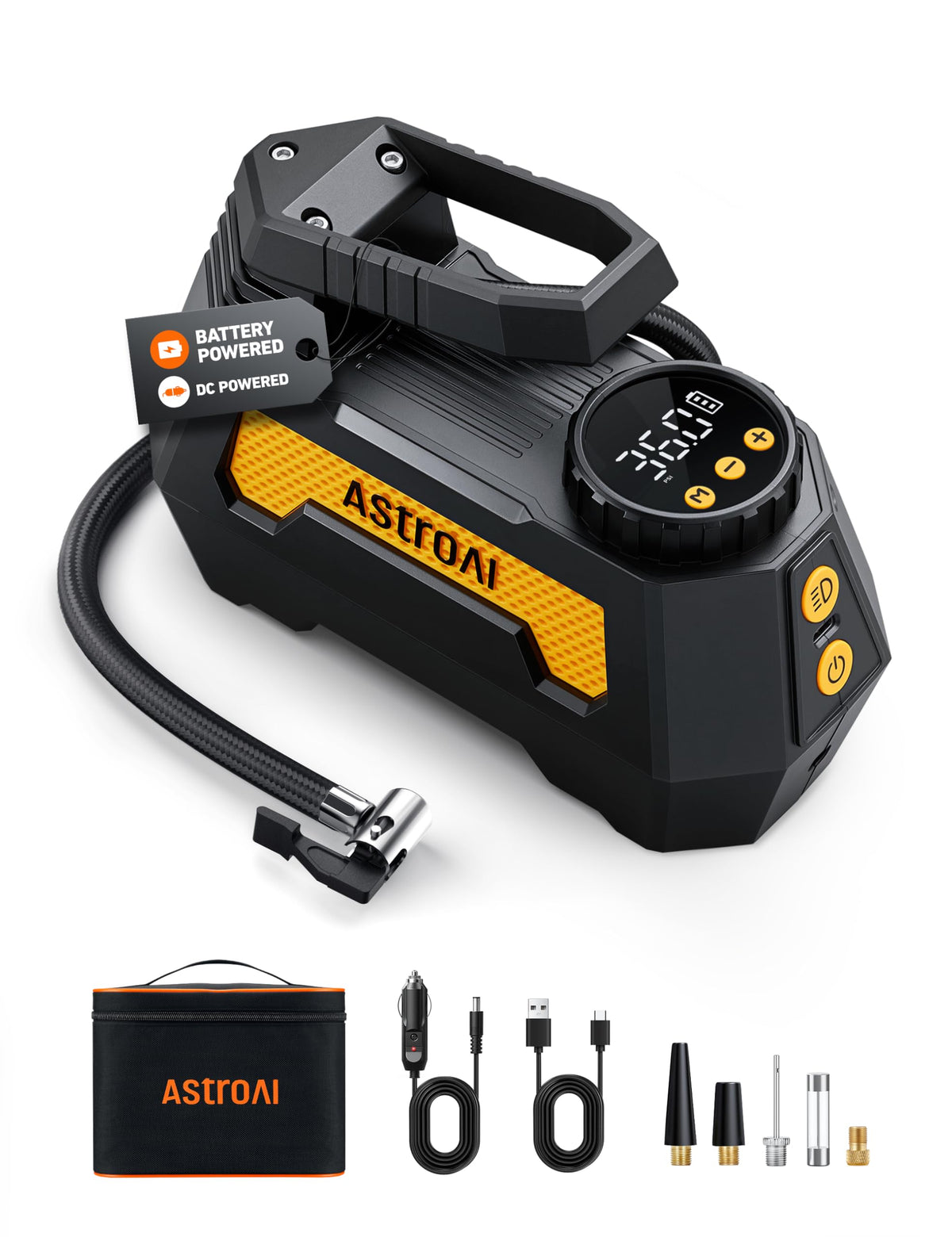 AstroAI H2 Pro tire inflator with dual power supplies for on-the-go inflation.