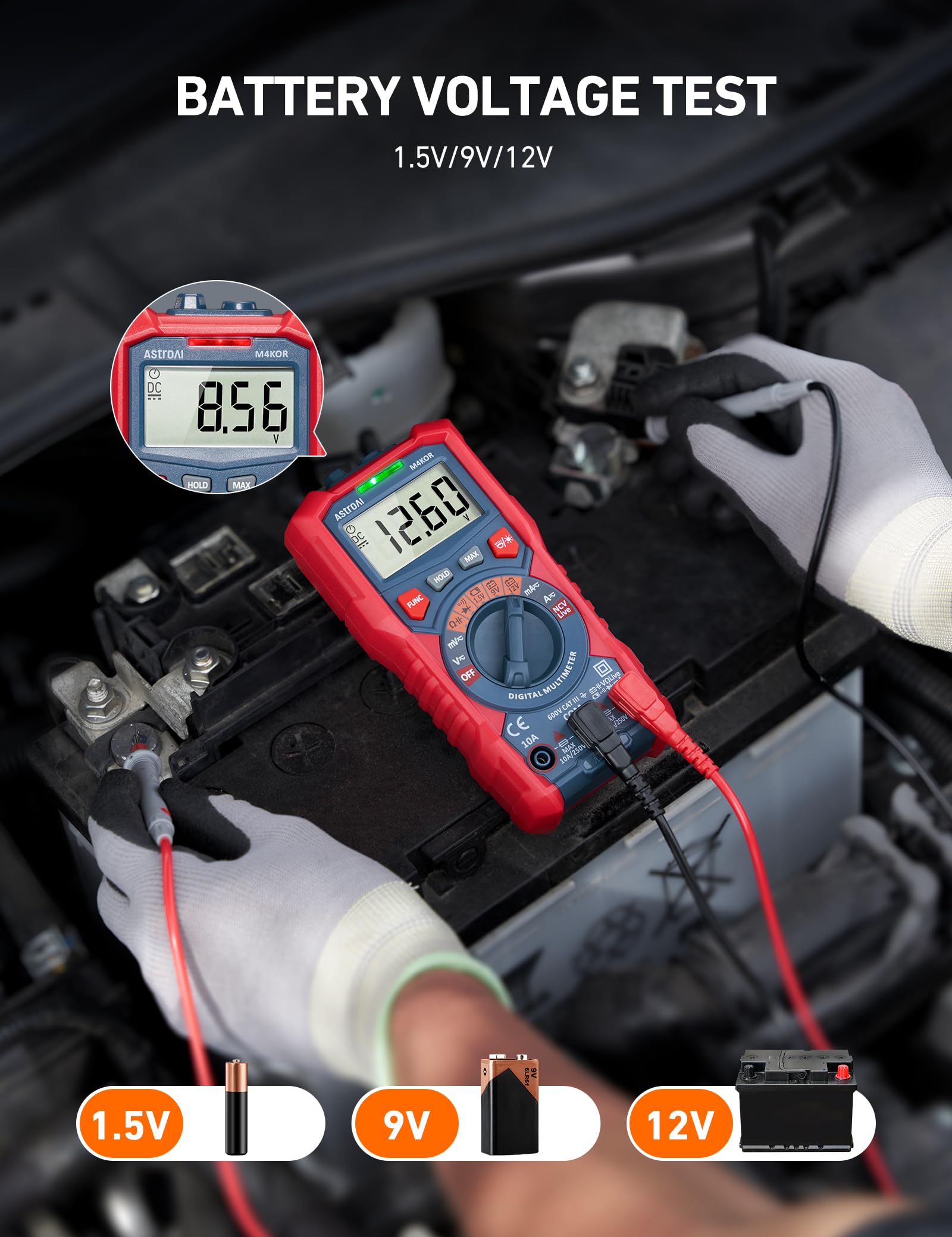 AstroAI M4K0R battery test mode for 1.5V, 9V, 12V checks