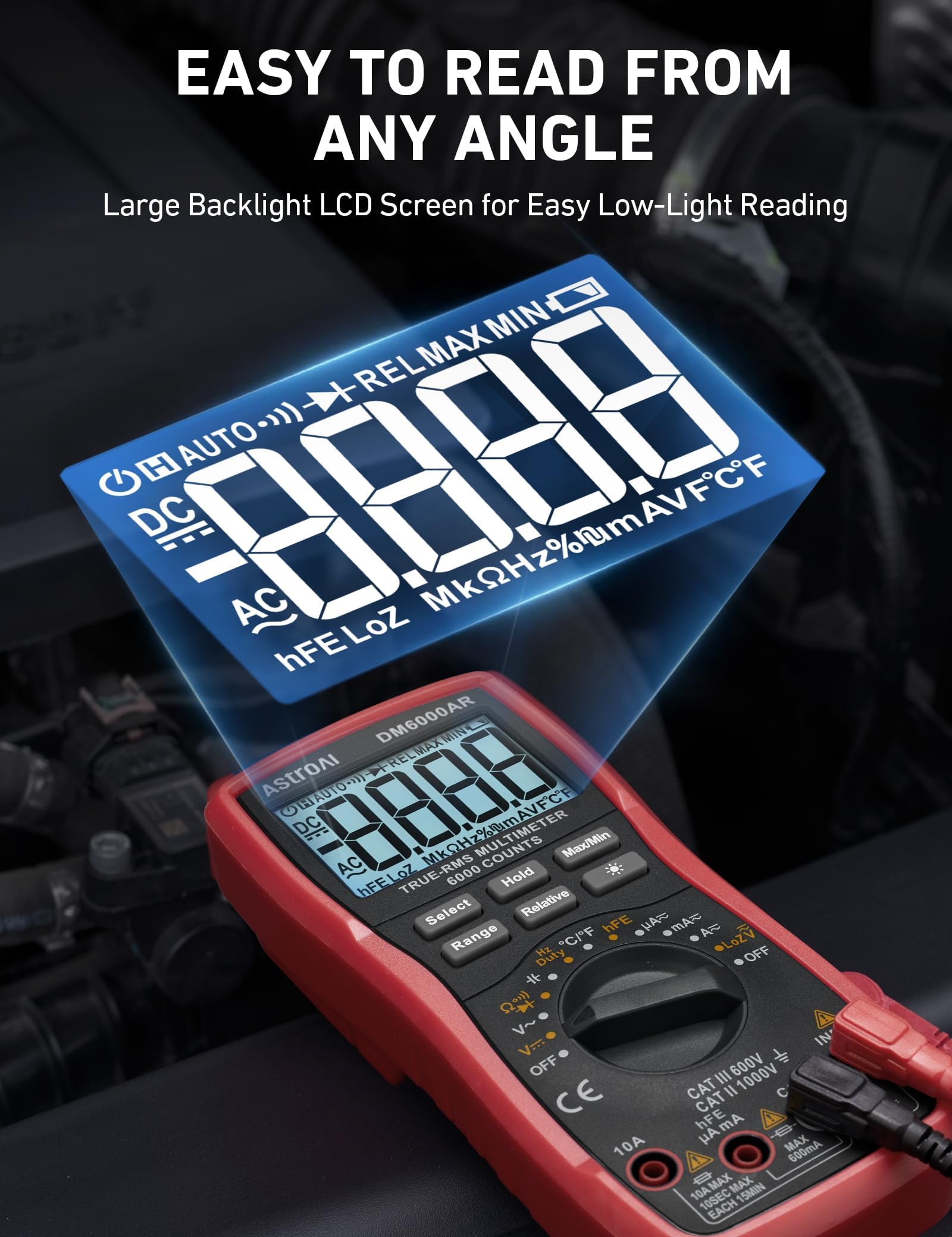 AstroAI test leads connected to the multimeter for precise automotive measurements.