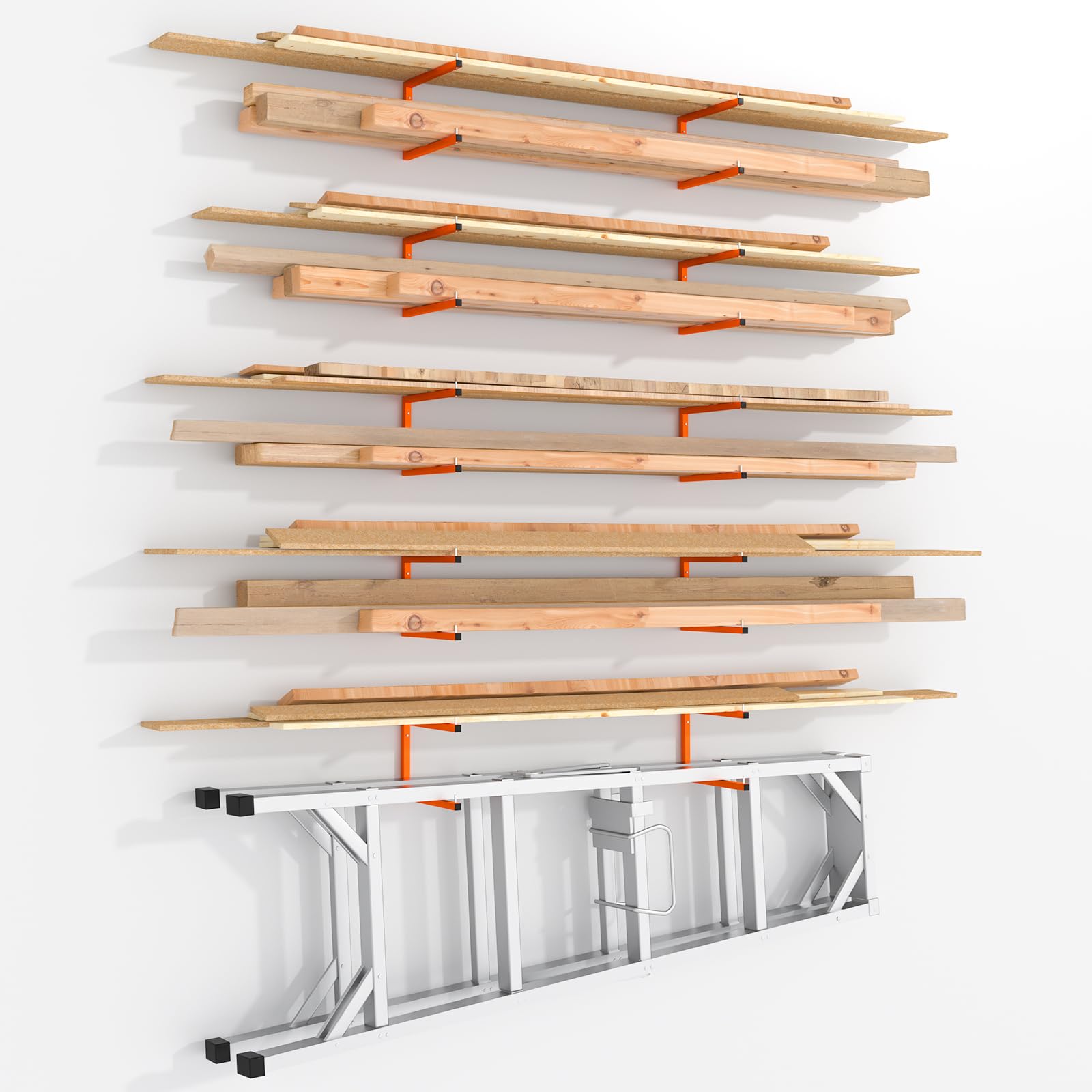 Asxevn wall-mount wood storage rack displays tools securely on each tier.