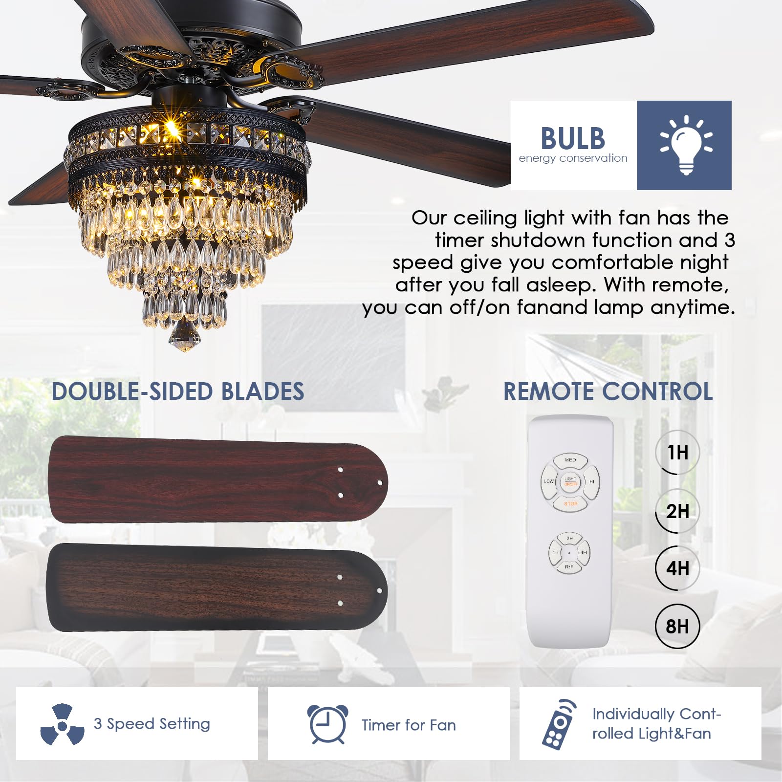 Asyko 52-inch fandelier with remote for convenient room-wide lighting and airflow